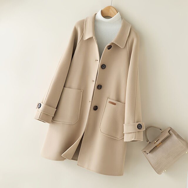 2025秋冬新款双面羊毛大衣女中长款娃娃领毛呢外套宽松小个子