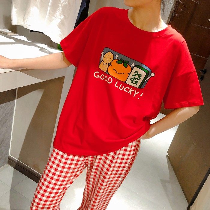 夏季纯棉睡衣女士短袖长裤韩版休闲宽松卡通可爱大红薄款家居服夏,淘宝优惠券,粉丝福利购,淘宝优惠卷