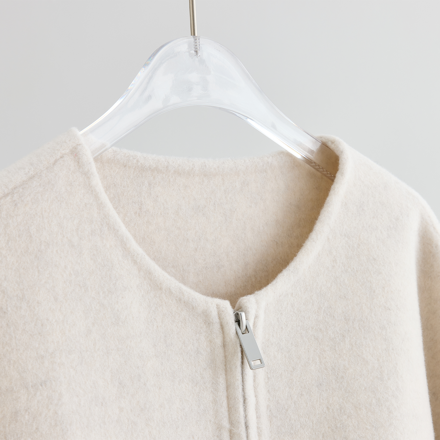 ~圆领双头拉链羊驼毛绵羊毛呢短款外套女秋冬廓形夹克米白大码,淘宝优惠券,粉丝福利购,淘宝优惠卷