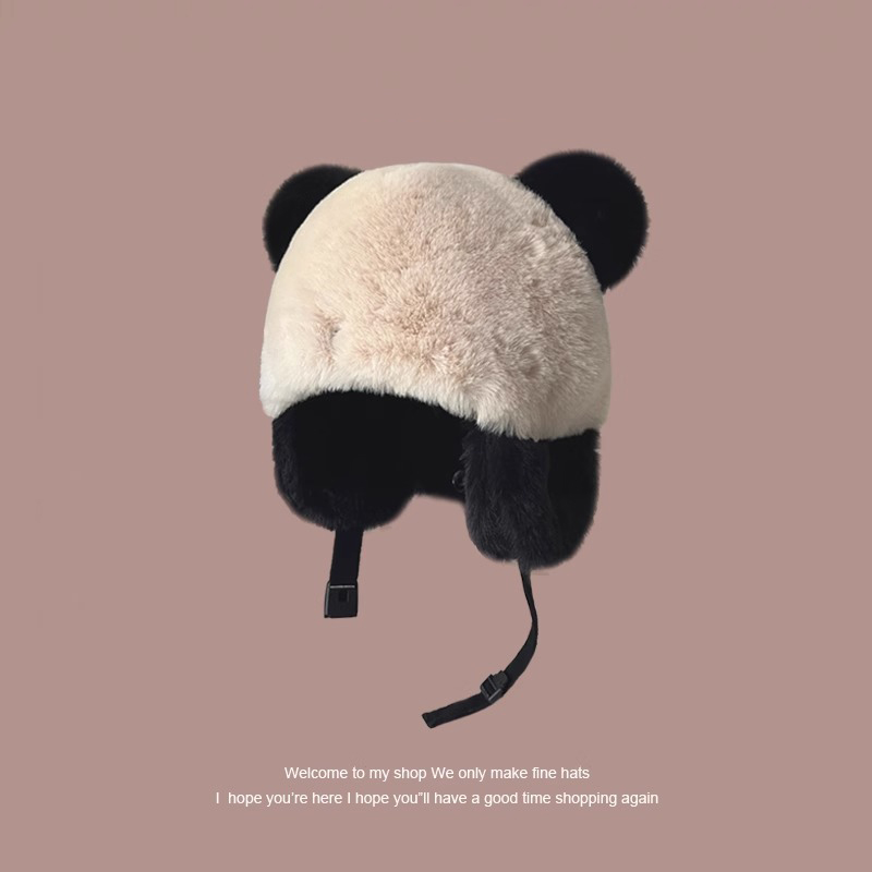 Classy key新加坡设计师联名款可爱熊猫毛绒帽加厚护耳保暖滑雪帽 - 图0