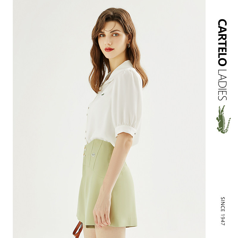 鳄鱼白色雪纺女短袖夏季灯笼袖衬衫 carteloladies衬衫
