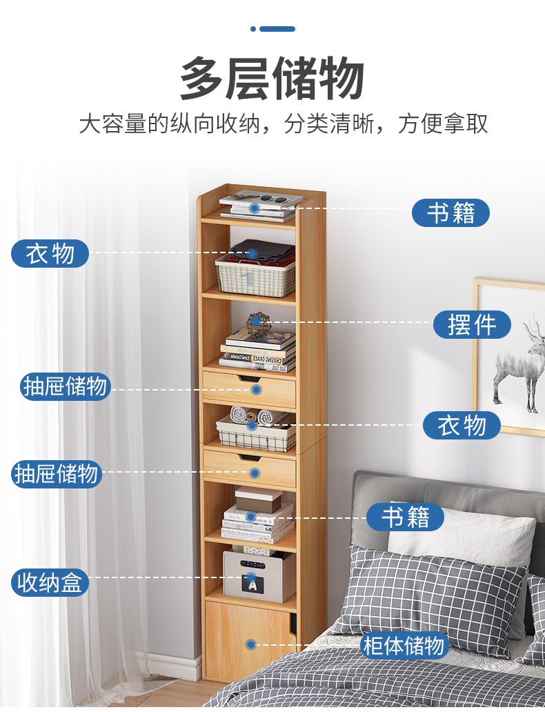 斗柜窄柜夹缝收纳柜客厅小柜子边角柜小户型窄缝柜卧室高款床头柜-图1