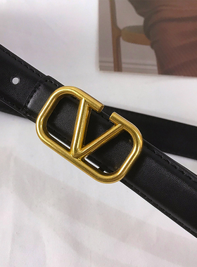 复古V字扣二层牛皮女士皮带装饰连衣裙外套百搭配牛仔裤真皮腰带