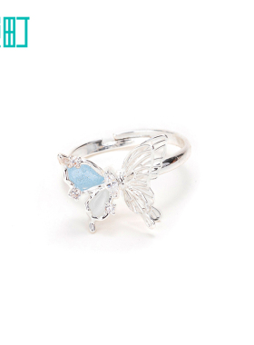 畹町春夏新款精致大蝴蝶开口戒指可调节开口戒指仿钻戒小众饰品