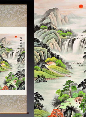 聚宝盆山水招财山水挂画卷轴画富水长流丝绸画国画卷轴画客厅装i.