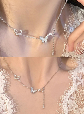DEER JREAMS蝴蝶满钻水晶不对称项链女 纯银锁骨链送闺蜜生日礼物