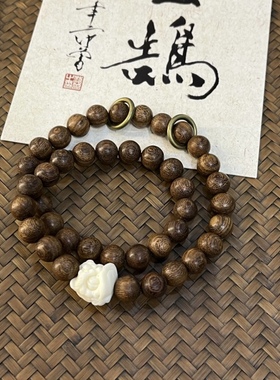 天然金丝檀木搭配醒狮手串男女生双圈檀香木质手工木制