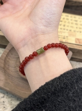 新中式国风天然红玛瑙手链女复古红绿撞色本命年转运招财手串礼物