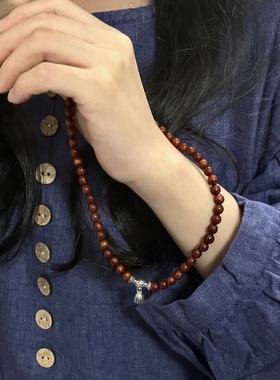 天然血檀木双圈款搭配藏银多圈吊坠项链女生木质国风文玩佛珠手链
