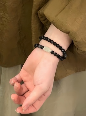 天然银耀石搭配和田籽玉手串男女黑曜石圆珠水晶时尚显白手链