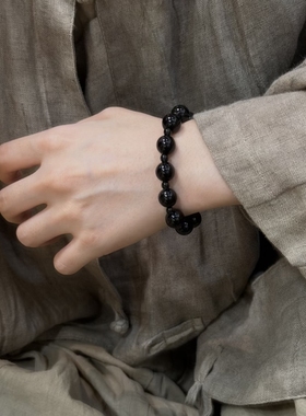 天然黑曜石水晶单圈手串男女生乌金黑手链招财转运石生日礼物高档