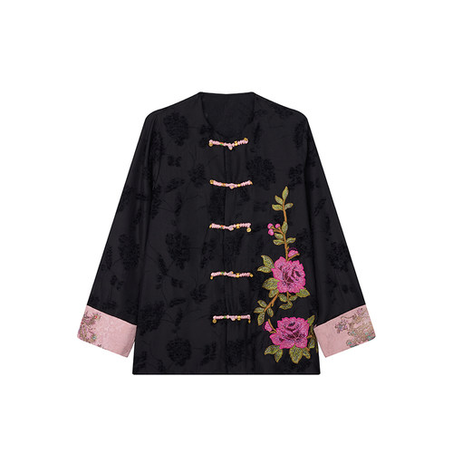 TCH潮牌2025新中式重工刺绣烫钻时尚秋季黑色衬衫T72A08E9003 - 图3
