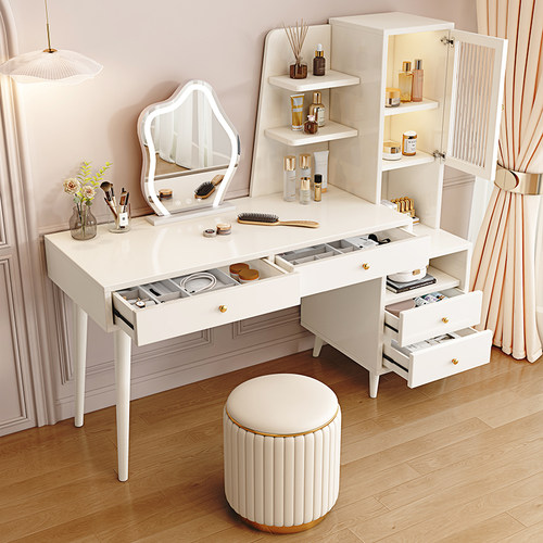 恒栎梳妆台卧室现代简约小户型书桌化妆台斗柜一体奶油风化妆桌子 - 图2