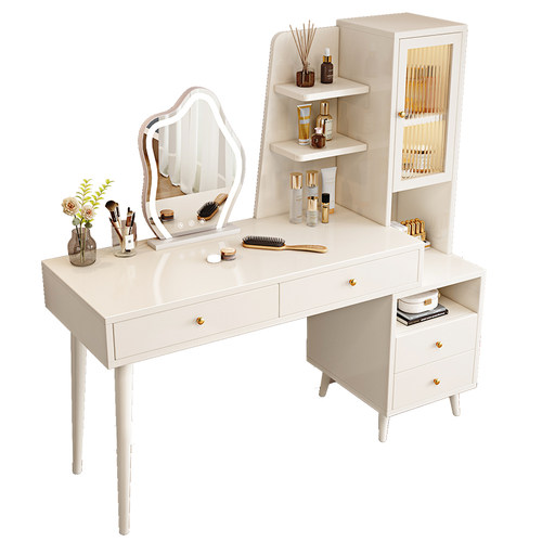 恒栎梳妆台卧室现代简约小户型书桌化妆台斗柜一体奶油风化妆桌子 - 图3