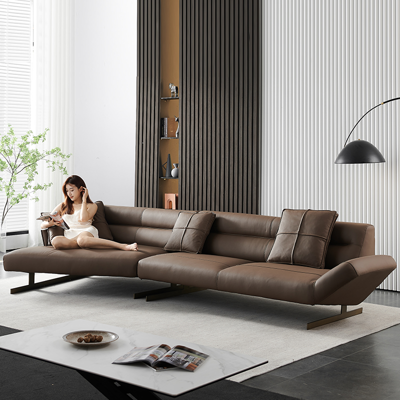 意式极简真皮沙发客厅高级复古棕色现代轻奢2024新款高端异形沙发-图2