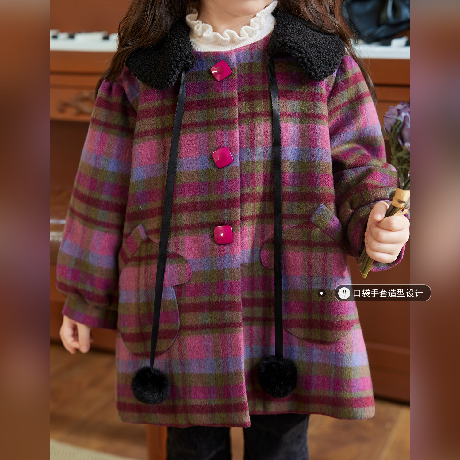 小O宝Okids女宝宝毛呢大衣女中长款秋冬新款婴儿复古翻领格子外套,淘宝优惠券,粉丝福利购,淘宝优惠卷