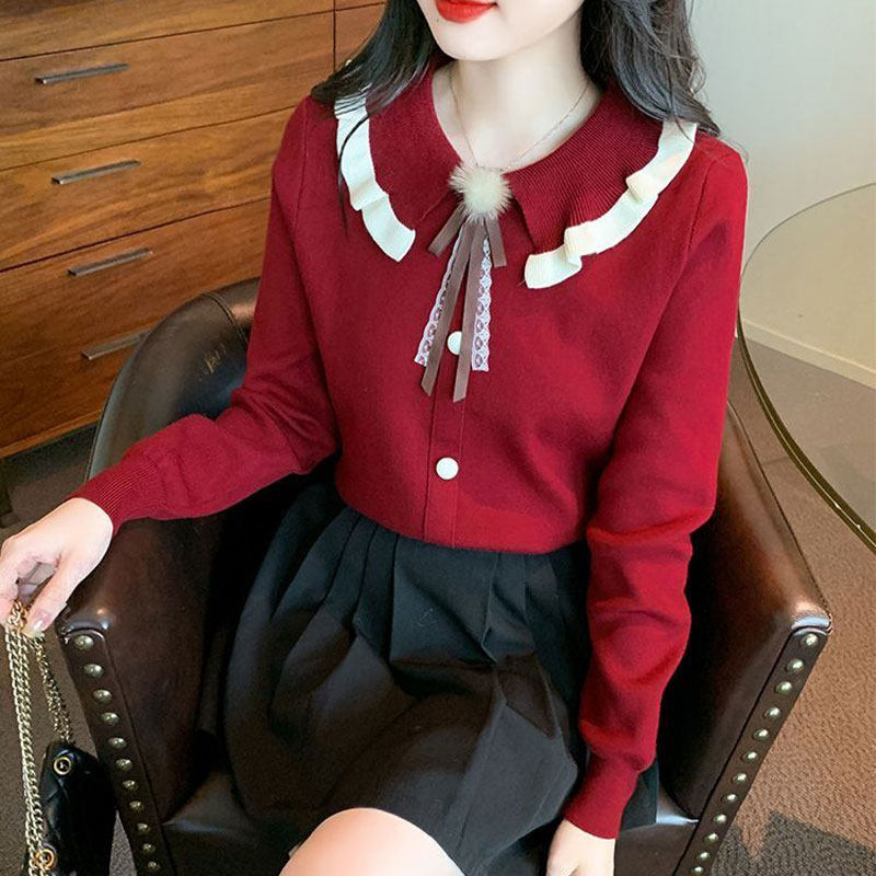 小香风娃娃领针织衫女士2024春装新款宽松显瘦洋气减龄蝴蝶结上衣,淘宝优惠券,粉丝福利购,淘宝优惠卷