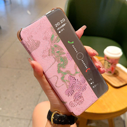 适用华为mate60RS非凡大师手机壳新款网红女奢华千鹤鸟翻盖智能视窗皮套70保时捷保护套全包防摔高级感时尚潮 - 图0