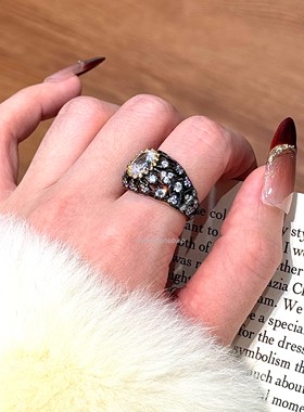 宫廷风925银中古闪钻鸽子蛋椭圆满钻枪黑色戒指女轻奢高级感时尚