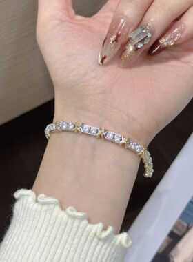 直播货源 S925纯银爆闪满钻交叉排钻分色手链欧美风复古时尚轻奢