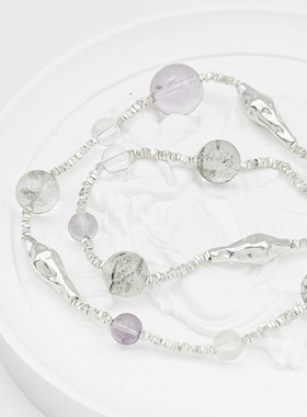 新品925银玻利维亚紫水晶绿幽灵白水晶项链锁骨链小众设计度假风