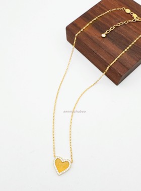 法式复古925银镀金爱心镶钻项链