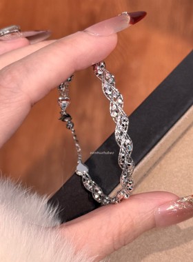 新款S925纯银复古轻奢编织交叉绕线双珠镭射珠手链高级感时尚精致