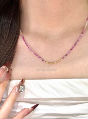 S925纯银粉色红宝石榴碎银镭射串珠项链女气质百搭vintage锁骨链