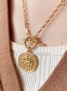 欧美银镀18k金不规则金币罗马复古美男子T型扣吊坠毛衣链纯银项链