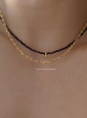 法国小众设计天然黑色尖晶石小金球项链纯银镀18k金锁骨链优雅ins