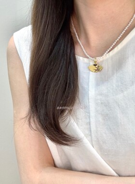 新中式复古气质S925纯银国风扇形天然淡水珍珠项链轻奢百搭锁骨链