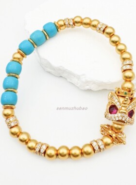 复古新中式醒狮皇冠优化蓝松手串