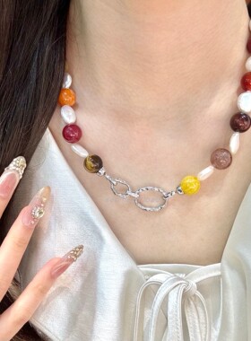 黄铜欧美沙滩度假风设计感多巴胺多宝项链玛瑙虎眼发晶珍珠项链