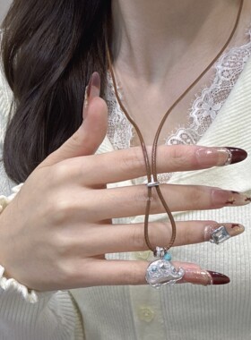 新中式复古925纯银松石小象吉象吊坠棕绳项链复古文艺抽拉毛衣链