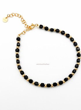 法国小众天然原石立体切面黑尖晶项链银镀18k金简约叠戴锁骨链