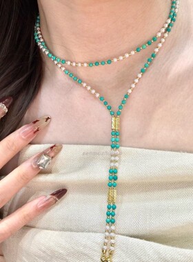 复古轻奢S925纯银创意百搭多用磁吸扣松石珍珠项链长款毛衣链