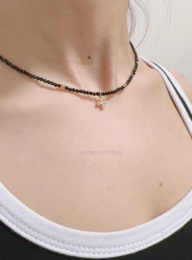 法国小众By johan 黑色尖晶石太阳石珍珠锆石十字架串珠项链choke