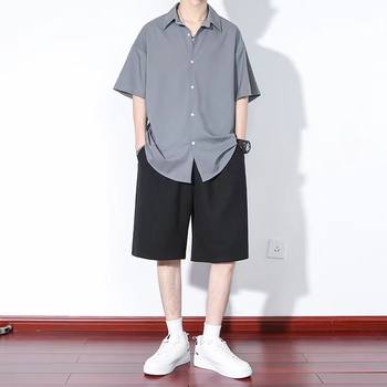 ຊຸດຜ້າໄໝແຫ້ງໄວ Drapey ice ice slim men's summer men's thin-sleeved shirt casual men's shorts clothes set