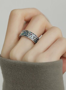 925银复古新中式彩贝几何涂鸦开口手镯子图腾珐琅做旧女小众设计