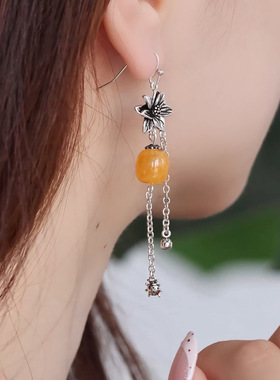 925银复古民族风莲花蜜蜡流苏耳环女时尚百搭小众设计高级感耳坠