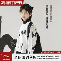 odddetails boy cute kitty full print shirt 2023 New autumn CUHK youngster pure cotton 100 lap blouse