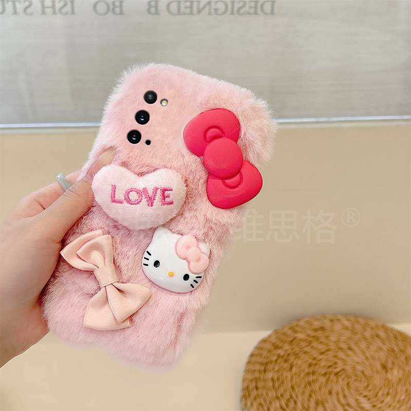 毛绒蝴蝶结kt猫适用三星a53手机壳f52秋冬a8s立体a71爱心a51凯蒂猫a31卡通a90a80a60可爱a50s冬天a70s/a30a20 - 图3