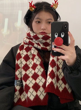 圣诞生日礼物红色格子围巾女