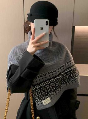 费尔岛黑色知性风高领披肩