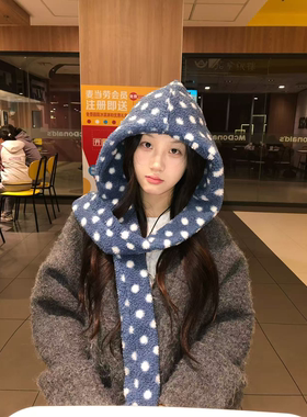 韩版波点摇粒绒连帽围巾