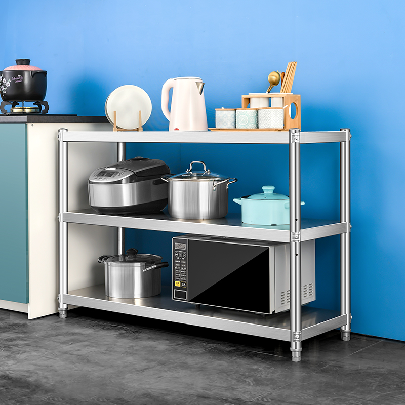 不锈钢微波炉烤箱厨房置物架落地多层收纳储物架三层锅架家用货架