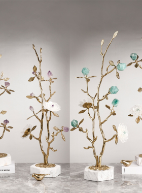 轻奢天然黄铜花草招财树家居摆件