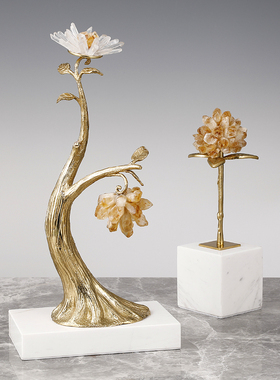 天然黄金水晶花球全铜招财树入户博古柜家居桌面摆件奢华软装饰品