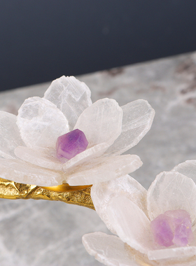 天然白水晶花黄铜树植物简约家居摆件新中式玄关样板房间轻奢