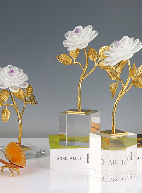 轻奢黄铜水晶玫瑰花家居装饰摆件